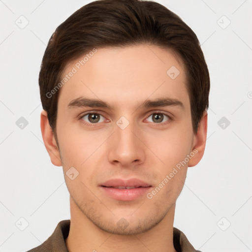 Neutral white young-adult male with short  brown hair and brown eyes