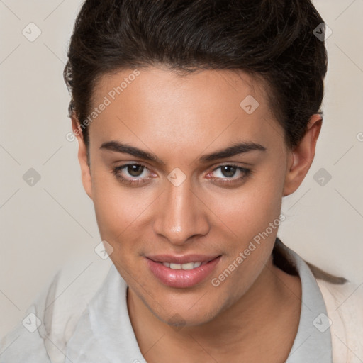 Joyful white young-adult female with short  brown hair and brown eyes