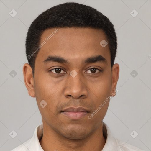 Neutral latino young-adult male with short  black hair and brown eyes