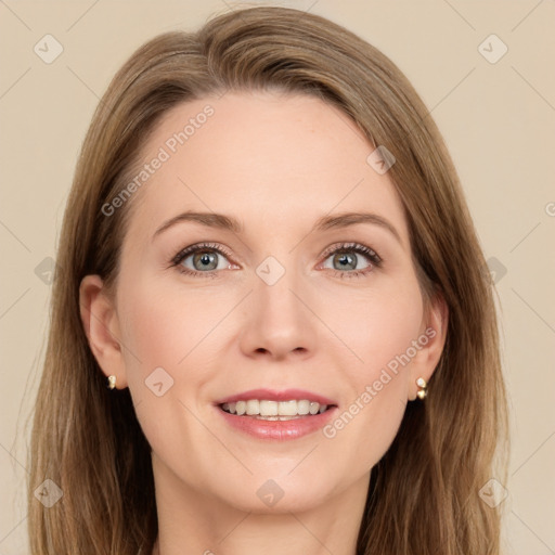 Joyful white young-adult female with long  brown hair and green eyes