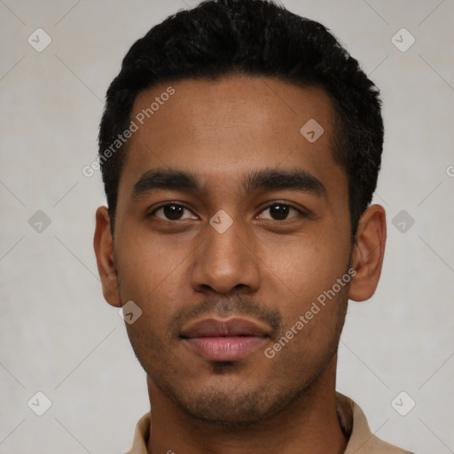 Neutral latino young-adult male with short  black hair and brown eyes