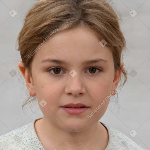 Joyful white child female with medium  brown hair and brown eyes