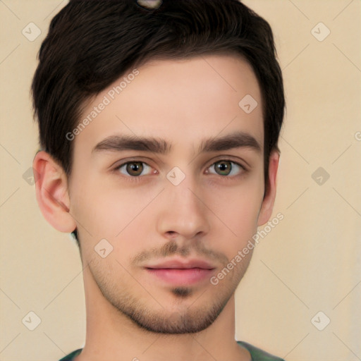 Neutral white young-adult male with short  brown hair and brown eyes