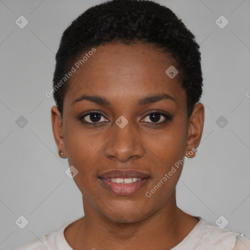 Joyful black young-adult female with short  black hair and brown eyes