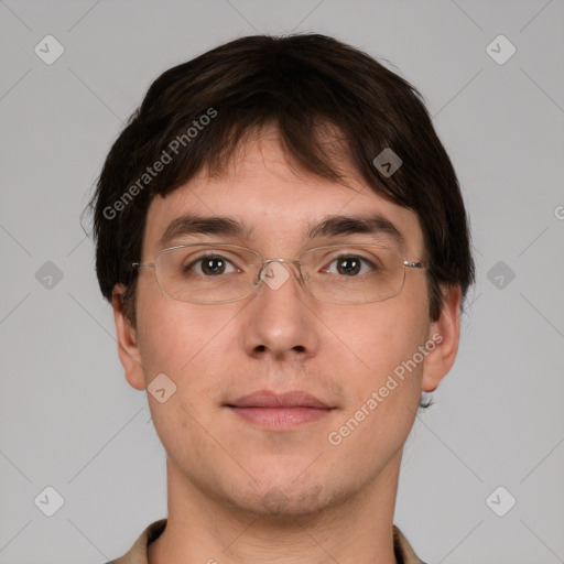 Neutral white young-adult male with short  brown hair and grey eyes