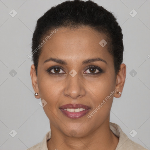 Joyful latino young-adult female with short  brown hair and brown eyes