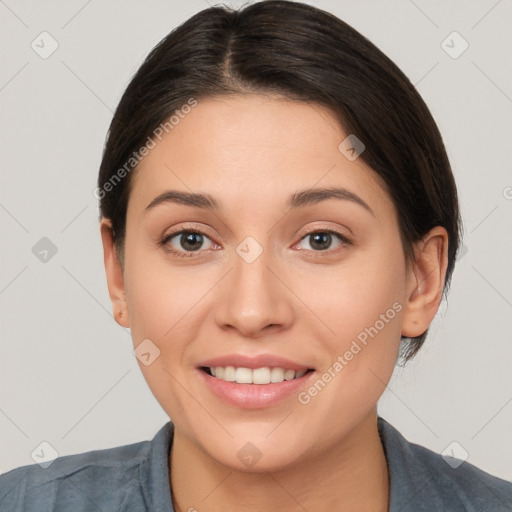 Joyful white young-adult female with medium  brown hair and brown eyes