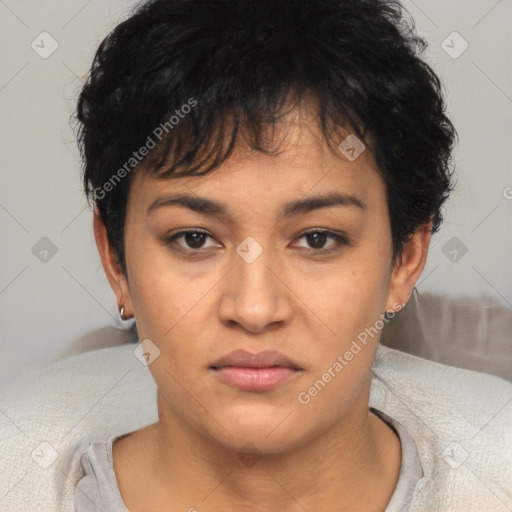 Neutral asian young-adult female with short  brown hair and brown eyes