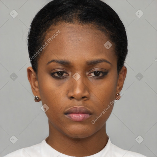 Neutral black young-adult female with short  black hair and brown eyes