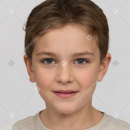 Joyful white child female with short  brown hair and brown eyes