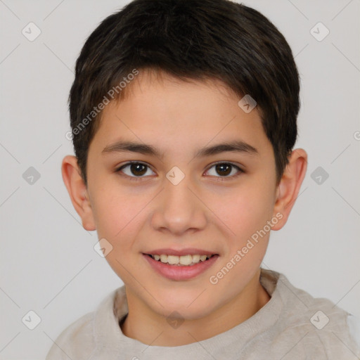 Joyful white child male with short  brown hair and brown eyes