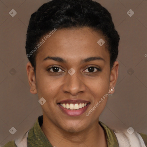 Joyful latino young-adult female with short  brown hair and brown eyes