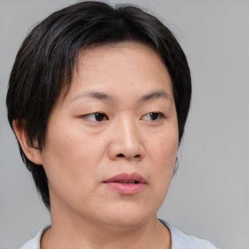 Neutral asian young-adult female with medium  brown hair and brown eyes