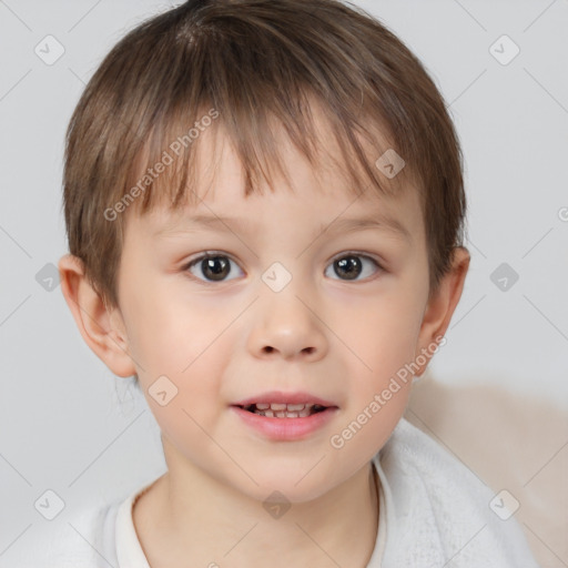 Joyful white child female with short  brown hair and brown eyes