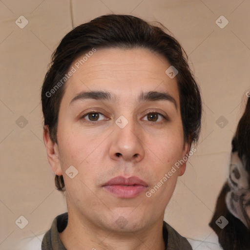 Neutral white young-adult male with short  brown hair and brown eyes