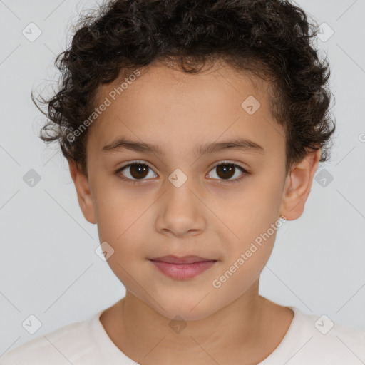 Joyful white child female with short  brown hair and brown eyes