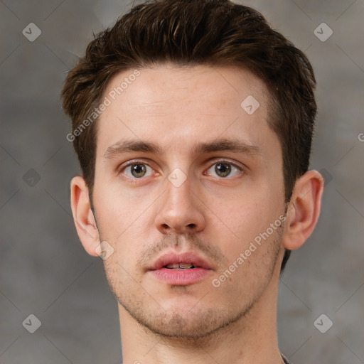 Neutral white young-adult male with short  brown hair and grey eyes