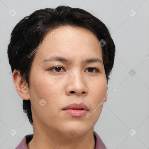 Neutral white young-adult female with short  brown hair and brown eyes