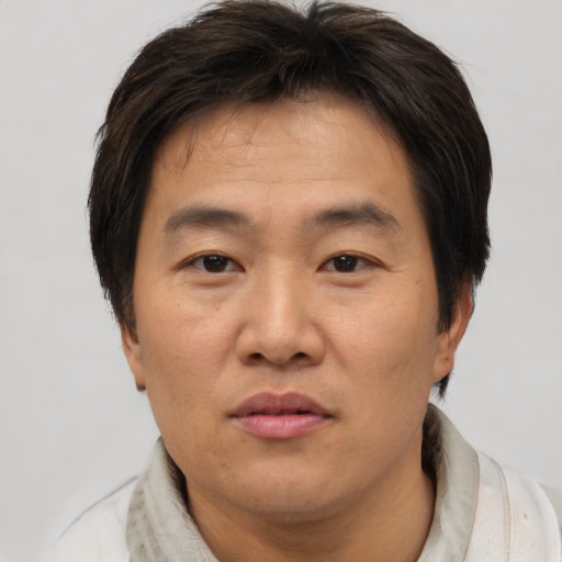 Joyful asian adult male with short  brown hair and brown eyes