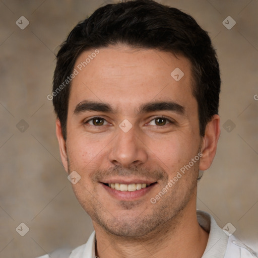 Joyful white young-adult male with short  brown hair and brown eyes