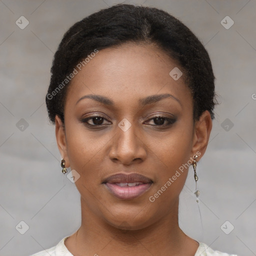 Joyful black young-adult female with short  brown hair and brown eyes