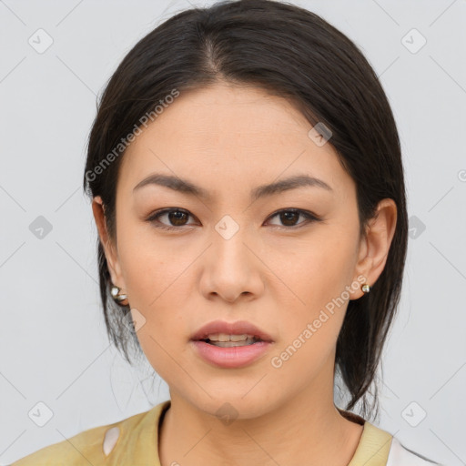 Neutral white young-adult female with medium  brown hair and brown eyes