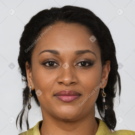 Joyful black young-adult female with medium  black hair and brown eyes