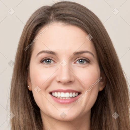 Joyful white young-adult female with long  brown hair and grey eyes