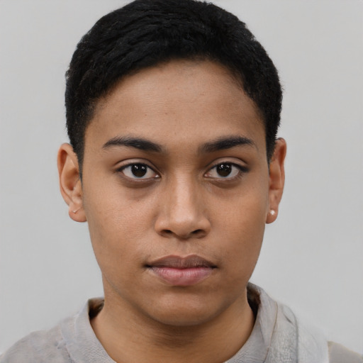 Neutral latino young-adult female with short  black hair and brown eyes