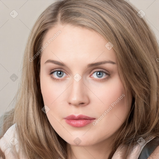 Neutral white young-adult female with long  brown hair and grey eyes