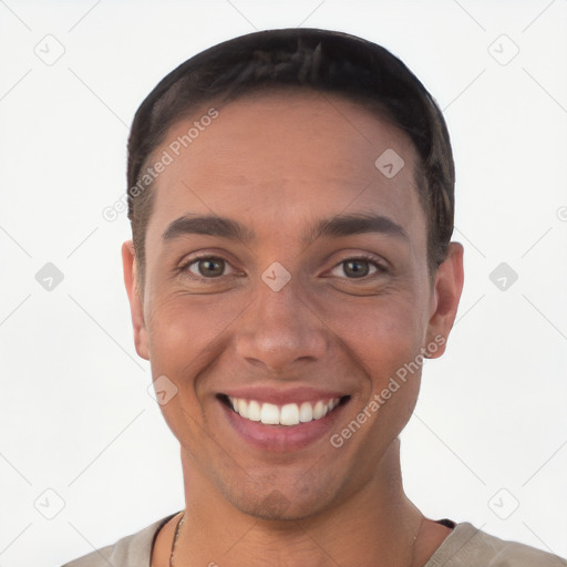 Joyful white young-adult male with short  black hair and brown eyes