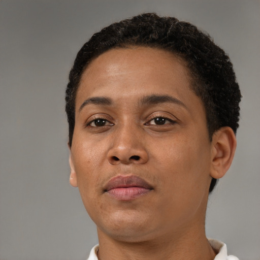 Joyful black young-adult female with short  brown hair and brown eyes
