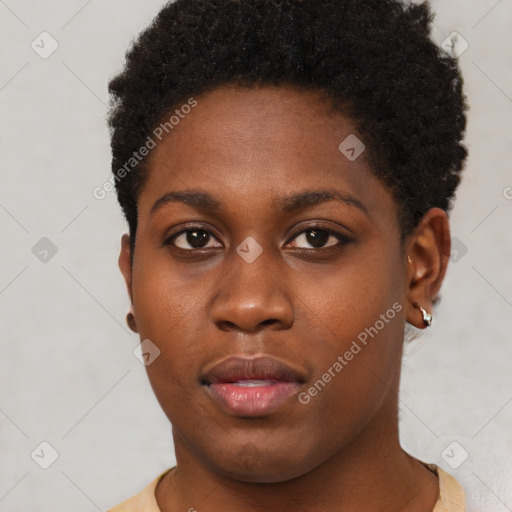 Neutral black young-adult female with short  brown hair and brown eyes