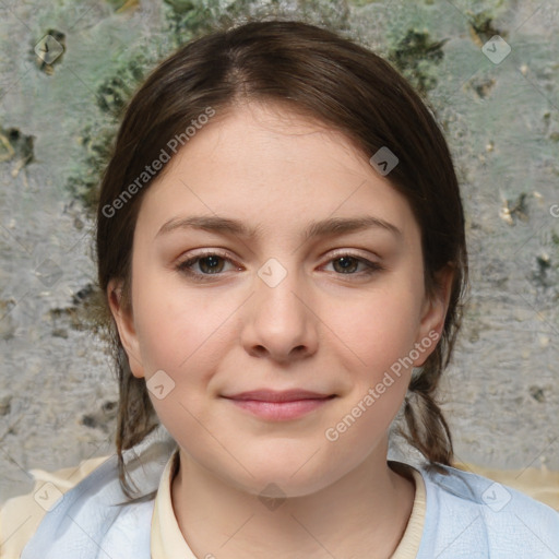 Joyful white child female with medium  brown hair and brown eyes