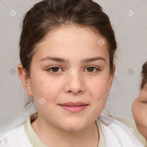 Joyful white child female with medium  brown hair and brown eyes