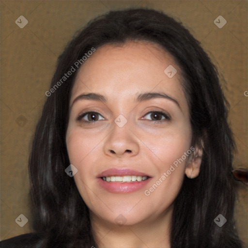 Joyful white young-adult female with long  black hair and brown eyes