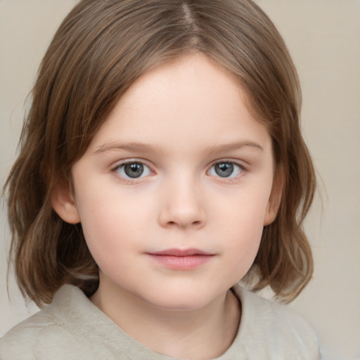 Neutral white child female with medium  brown hair and grey eyes