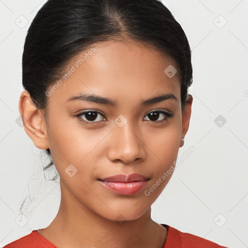 Joyful latino young-adult female with short  brown hair and brown eyes