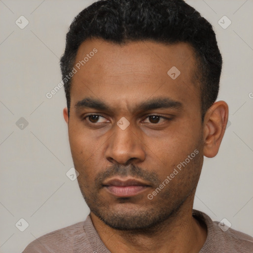 Neutral latino young-adult male with short  black hair and brown eyes