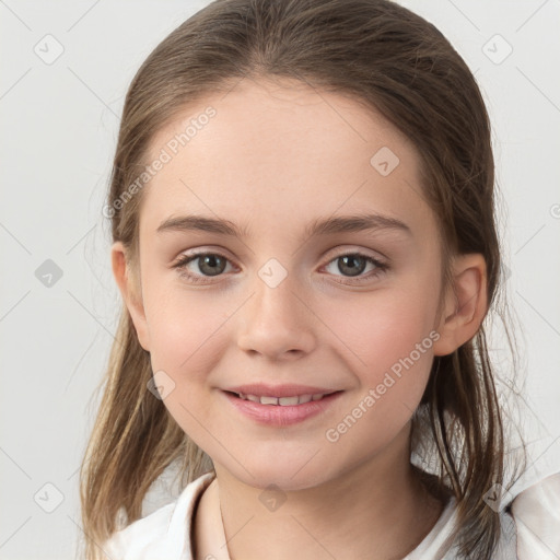 Joyful white child female with medium  brown hair and grey eyes