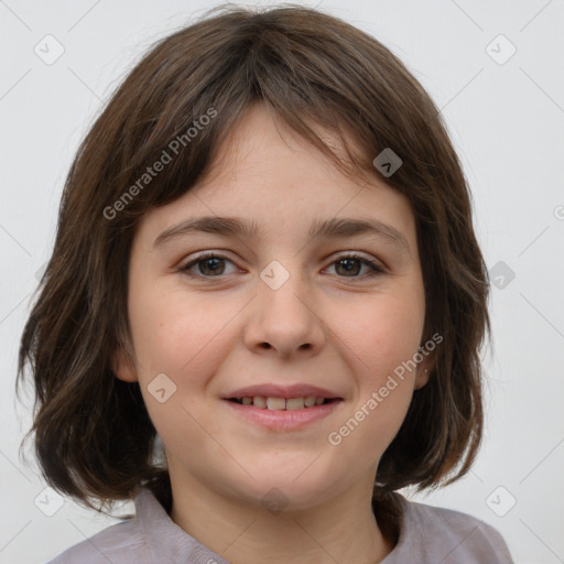 Joyful white child female with medium  brown hair and brown eyes