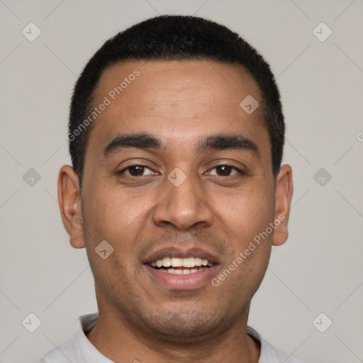 Joyful latino young-adult male with short  black hair and brown eyes