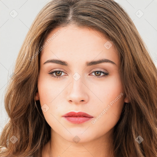 Neutral white young-adult female with long  brown hair and brown eyes