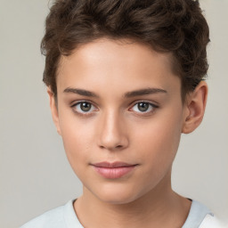 Joyful white child female with short  brown hair and brown eyes