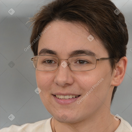 Joyful white adult female with short  brown hair and brown eyes