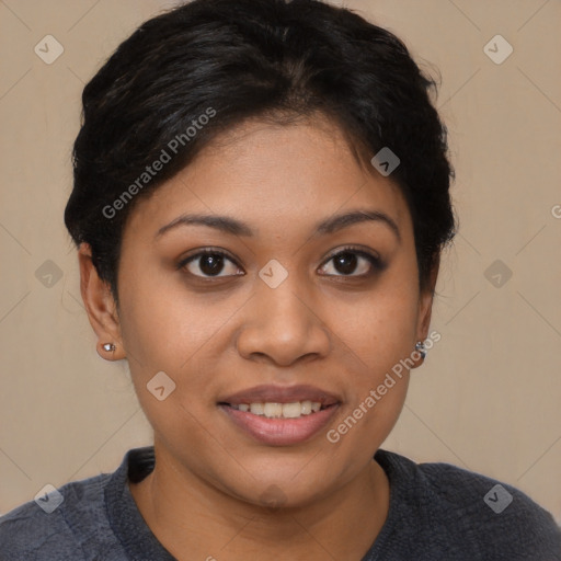 Joyful latino young-adult female with short  brown hair and brown eyes