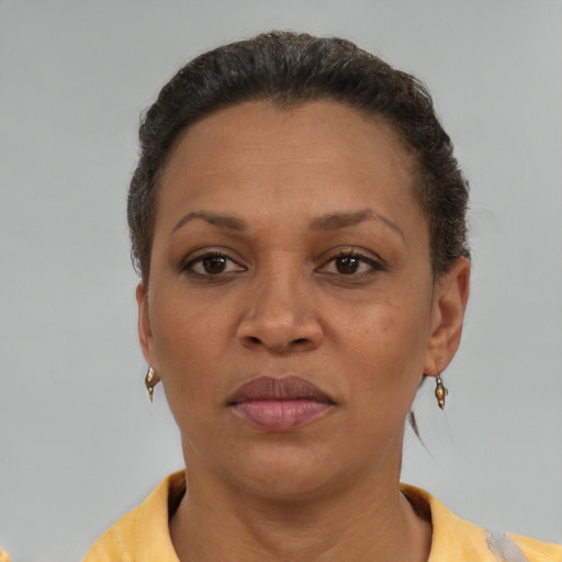 Neutral black adult female with short  brown hair and brown eyes