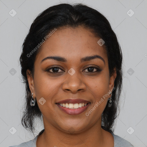 Joyful latino young-adult female with medium  black hair and brown eyes