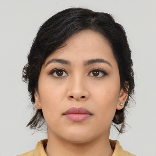 Neutral asian young-adult female with medium  black hair and brown eyes
