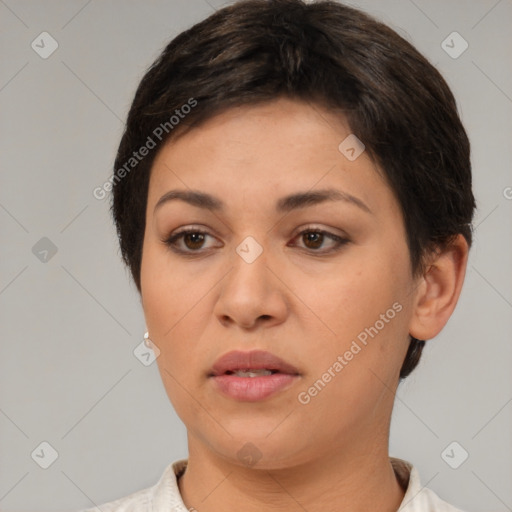 Neutral white young-adult female with short  brown hair and brown eyes